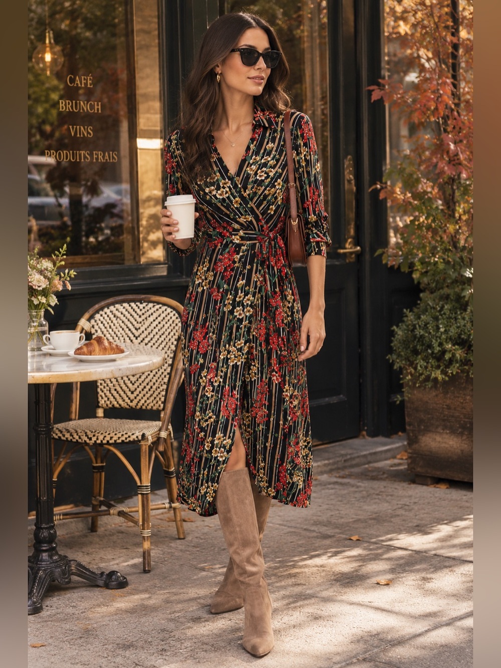 Zara Black Floral Striped Wrap Midi Dress Belted Romantic Fall size XS